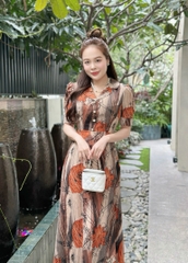 Đầm maxi họa tiết, form dài cổ sen, đính nút, tay phồng - GR0301