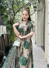 Đầm maxi họa tiết, form dài cổ sen, đính nút, tay phồng - GR0301