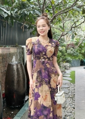 Đầm xòe cổ bẻ đính nút, tay phồng, có túi - GR0300