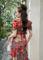 Đầm xòe cổ bẻ đính nút, tay phồng, có túi - GR0300