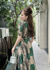 Đầm maxi họa tiết, form dài cổ sen, đính nút, tay phồng - GR0301