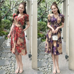 Đầm xòe cổ bẻ đính nút, tay phồng, có túi - GR0300