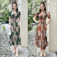 Đầm maxi họa tiết, form dài cổ sen, đính nút, tay phồng - GR0301