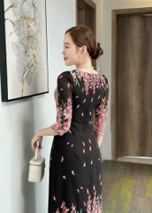 Đầm áo dài họa tiết hoa, cổ tròn, tay lỡ - GR0304