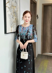 Đầm áo dài họa tiết hoa, cổ tròn, tay lỡ - GR0304