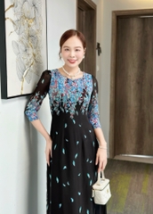 Đầm áo dài họa tiết hoa, cổ tròn, tay lỡ - GR0304