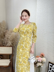 Đầm giả áo dài họa tiết hoa nhí, tay phồng - GR0302