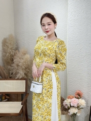 Đầm giả áo dài họa tiết hoa nhí, tay phồng - GR0302