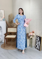 Đầm giả áo dài họa tiết hoa nhí, tay phồng - GR0302