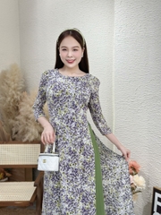 Đầm giả áo dài họa tiết hoa nhí, tay phồng - GR0302