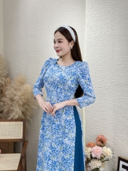Đầm giả áo dài họa tiết hoa nhí, tay phồng - GR0302