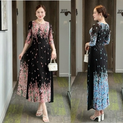 Đầm áo dài họa tiết hoa, cổ tròn, tay lỡ - GR0304