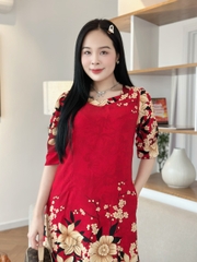 Đầm suông hoa tay hơi phồng đính nút, có túi - GR0305