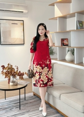 Đầm suông hoa tay hơi phồng đính nút, có túi - GR0305