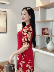 Đầm suông hoa tay hơi phồng đính nút, có túi - GR0305