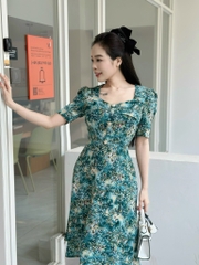 Đầm xòe hoa đính nút tay phồng, có túi - GR0306