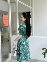 Đầm xòe hoa đính nút tay phồng, có túi - GR0306
