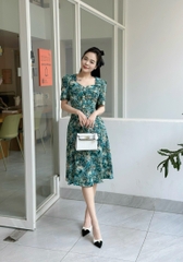 Đầm xòe hoa đính nút tay phồng, có túi - GR0306