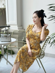 Đầm xòe hoa đính nút tay phồng, có túi - GR0306