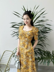 Đầm xòe hoa đính nút tay phồng, có túi - GR0306