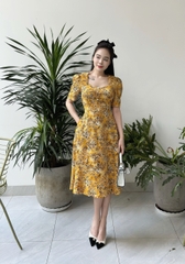 Đầm xòe hoa đính nút tay phồng, có túi - GR0306