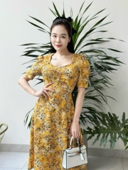 Đầm xòe hoa đính nút tay phồng, có túi - GR0306