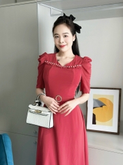 Đầm maxi form dài, bèo ngực đính ngọc, khoen eo, tay phồng - GR0307