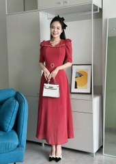 Đầm maxi form dài, bèo ngực đính ngọc, khoen eo, tay phồng - GR0307