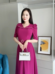 Đầm maxi form dài, bèo ngực đính ngọc, khoen eo, tay phồng - GR0307