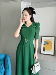 Đầm maxi form dài, bèo ngực đính ngọc, khoen eo, tay phồng - GR0307