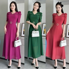 Đầm maxi form dài, bèo ngực đính ngọc, khoen eo, tay phồng - GR0307