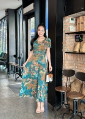 Đầm maxi form dài, cổ xếp cách điệu, xếp ly eo -GR0309