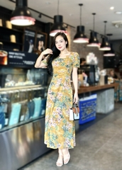Đầm maxi form dài, cổ xếp cách điệu, xếp ly eo -GR0309