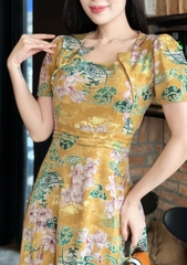 Đầm maxi form dài, cổ xếp cách điệu, xếp ly eo -GR0309