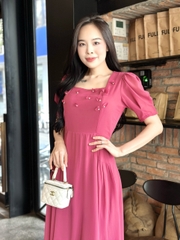 Đầm xòe đính hoa đính ngọc, cổ vuông, tay phồng - GR0308