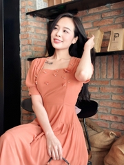 Đầm xòe đính hoa đính ngọc, cổ vuông, tay phồng - GR0308