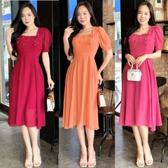 Đầm xòe đính hoa đính ngọc, cổ vuông, tay phồng - GR0308