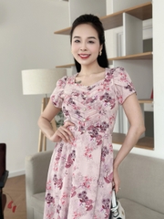 Đầm xòe hoa nhí xếp ngực đính nút, tay búp sen, có túi - GR0310