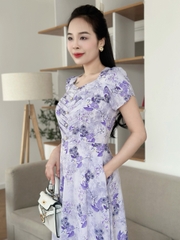 Đầm xòe hoa nhí xếp ngực đính nút, tay búp sen, có túi - GR0310