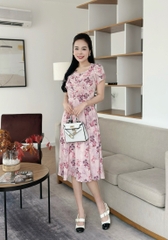Đầm xòe hoa nhí xếp ngực đính nút, tay búp sen, có túi - GR0310