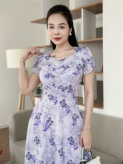 Đầm xòe hoa nhí xếp ngực đính nút, tay búp sen, có túi - GR0310