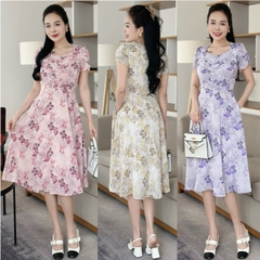Đầm xòe hoa nhí xếp ngực đính nút, tay búp sen, có túi - GR0310