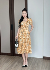 Đầm xòe hoa nhí cổ bẻ đính nẹp, đính nút, tay phồng, có túi - GR0311