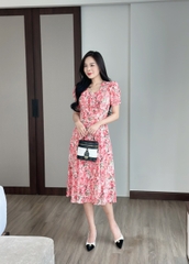 Đầm xòe hoa nhí cổ bẻ đính nẹp, đính nút, tay phồng, có túi - GR0311