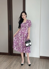 Đầm xòe hoa nhí cổ bẻ đính nẹp, đính nút, tay phồng, có túi - GR0311
