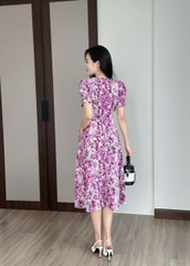 Đầm xòe hoa nhí cổ bẻ đính nẹp, đính nút, tay phồng, có túi - GR0311