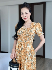 Đầm xòe hoa nhí cổ bẻ đính nẹp, đính nút, tay phồng, có túi - GR0311