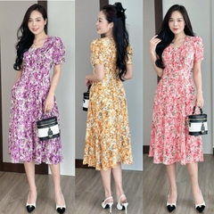 Đầm xòe hoa nhí cổ bẻ đính nẹp, đính nút, tay phồng, có túi - GR0311