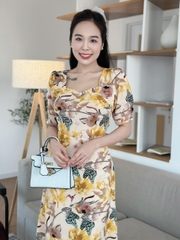 Đầm hoa form dài, cổ đính ngọc đính nút, tay phồng - GR0312