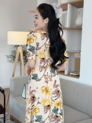 Đầm hoa form dài, cổ đính ngọc đính nút, tay phồng - GR0312